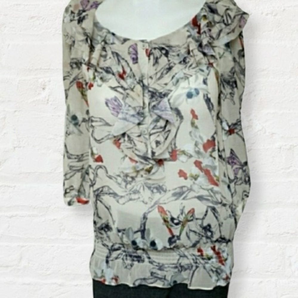 Ted Baker small Flower Fairy Print Ruffled sheer 3 4 sleeve Blouse